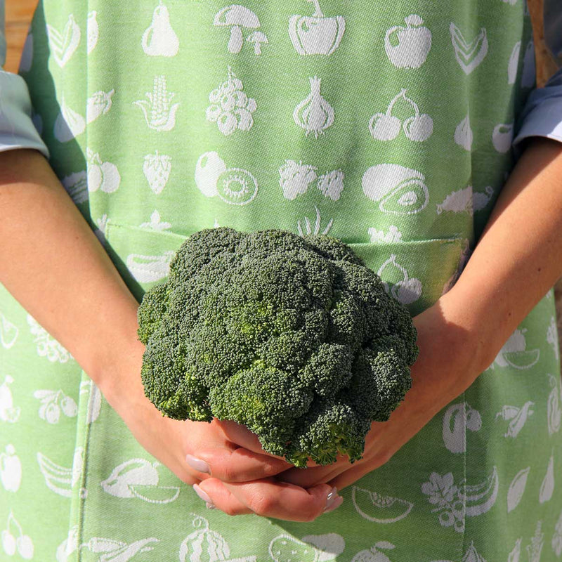 Pure organic cotton jacquard fruits green apron with cauliflower and girl